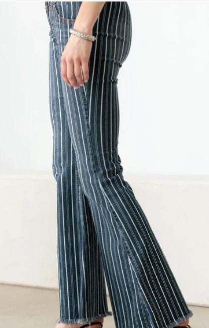 UNIQ BY LITZ - Mid Waist Striped Flare Jeans
