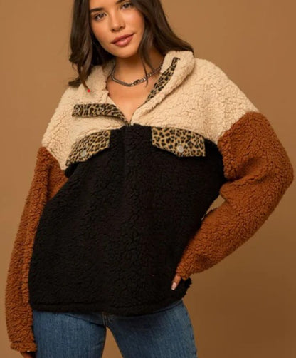 Colorblock Sherpa Pullover with Leopard Detail 🐆