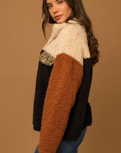 Colorblock Sherpa Pullover with Leopard Detail 🐆