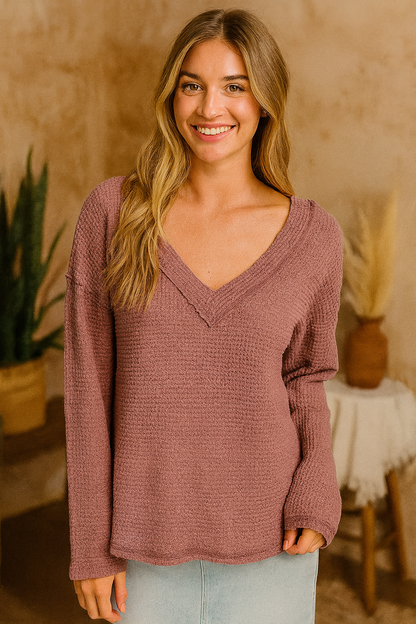 Dusty Rose Knit V-Neck Top